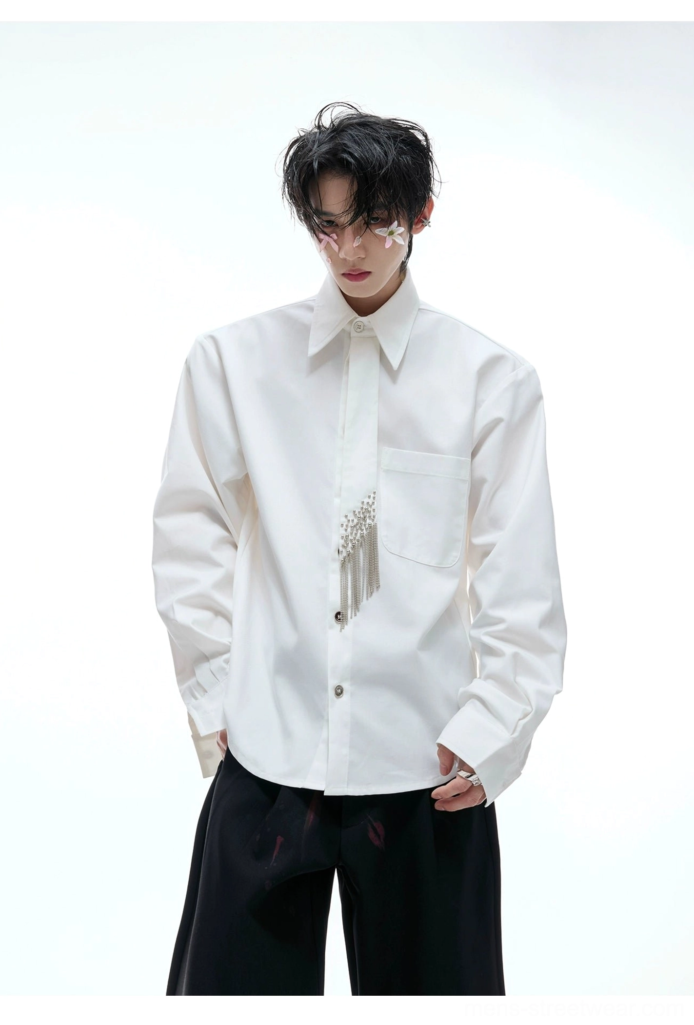 White oversized crystal tassel long-sleeve shirt with structured pointed collar, metal buttons, chest pocket, and sparkling front fringe