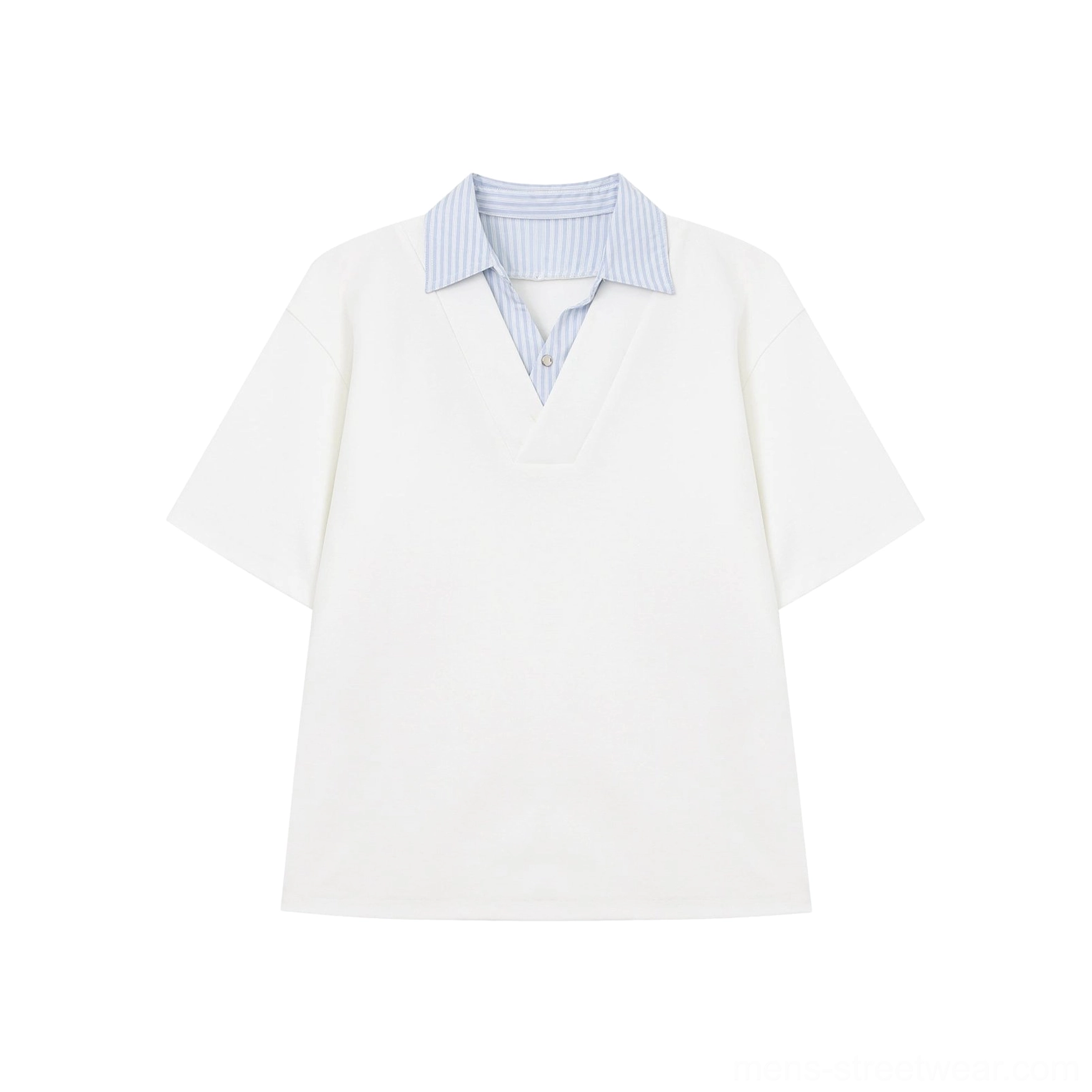 Flat lay of a white oversized faux layered short sleeve T-shirt with blue vertical striped shirt collar and V-neck placket