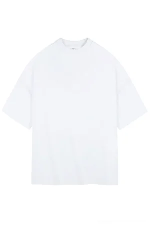 White oversized heavy cotton drop shoulder T-shirt with relaxed Korean streetwear fit and classic crew neck