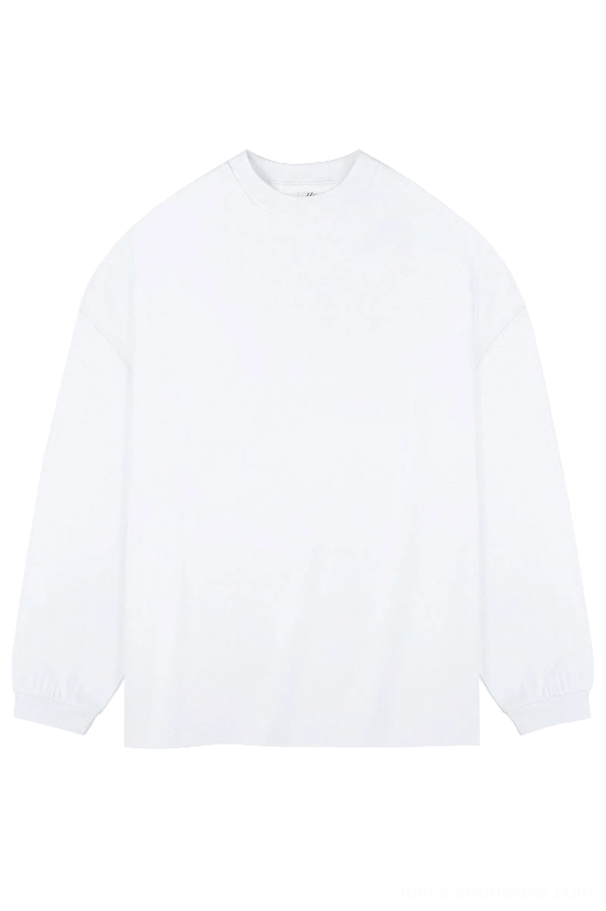White oversized heavyweight 320 GSM cotton drop shoulder long sleeve streetwear t-shirt with crew neck and ribbed cuffs