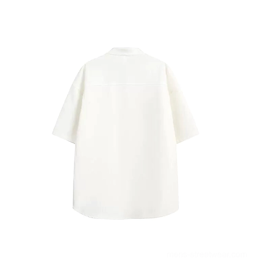 White short sleeve relaxed oversized mandarin collar streetwear utility shirt back view