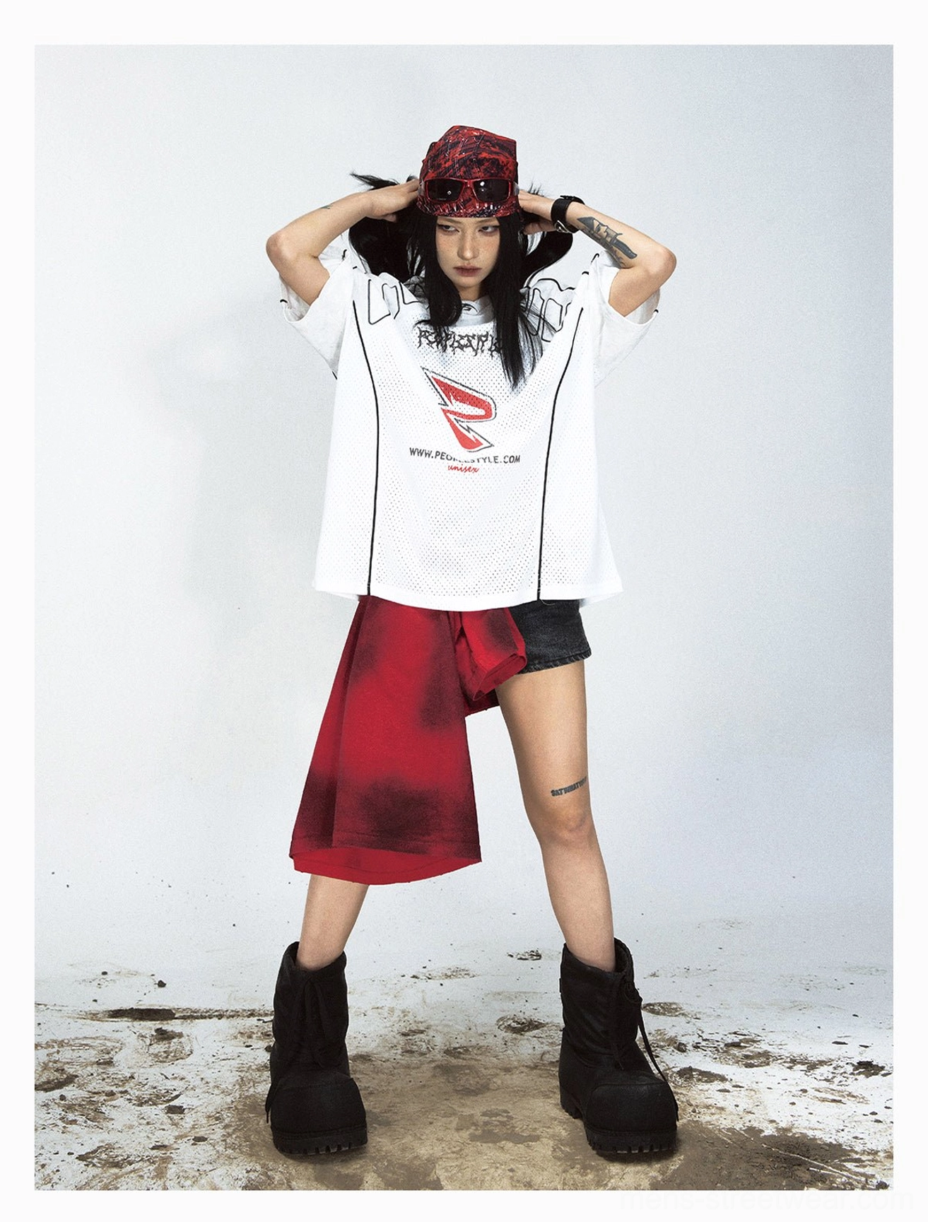 White oversized mesh sport T-shirt with red graphic logo, loose fit, graffiti details, and contemporary East Asian streetwear aesthetic