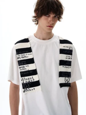 White oversized patchwork shoulder graphic T-shirt with mirrored striped lettering panels and relaxed Korean streetwear fit