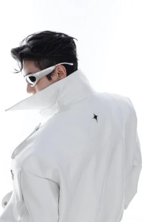 White oversized PU leather jacket back three-quarter view showing silver star logo and clean matte finish