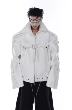 White oversized PU leather zip jacket front view styled with black zipper pants in futuristic Seoul streetwear outfit