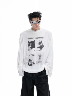 White oversized punk graphic long sleeve tee on male model with collage print and repent your sinz text