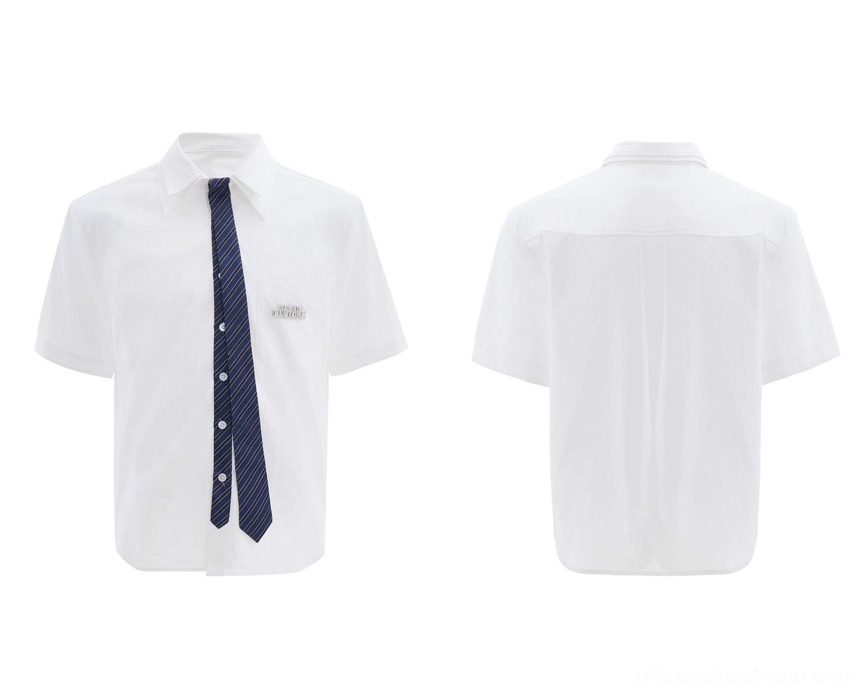 White oversized short sleeve shirt with coordinated necktie for minimalist Korean fashion styling