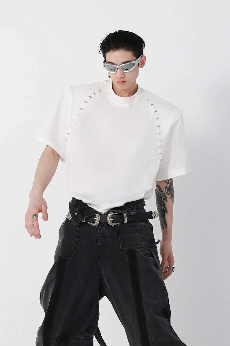 White oversized structured shoulder T-shirt with industrial stitch details, short sleeves, loose fit, and contemporary East Asian streetwear styling