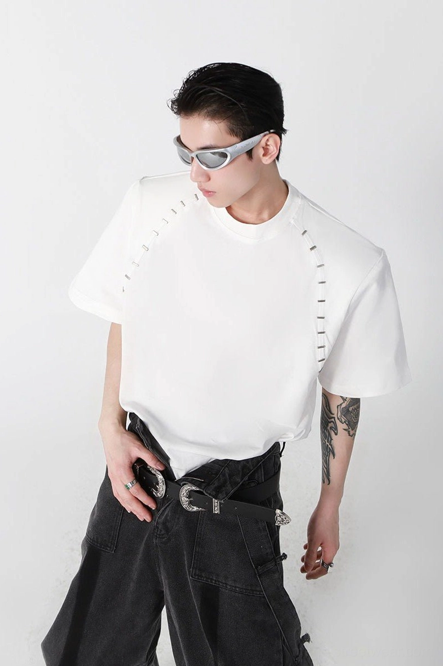 White oversized structured stitch cotton T-shirt with padded shoulders, staple-inspired shoulder seam detailing, loose crew neck, and Korean streetwear styling