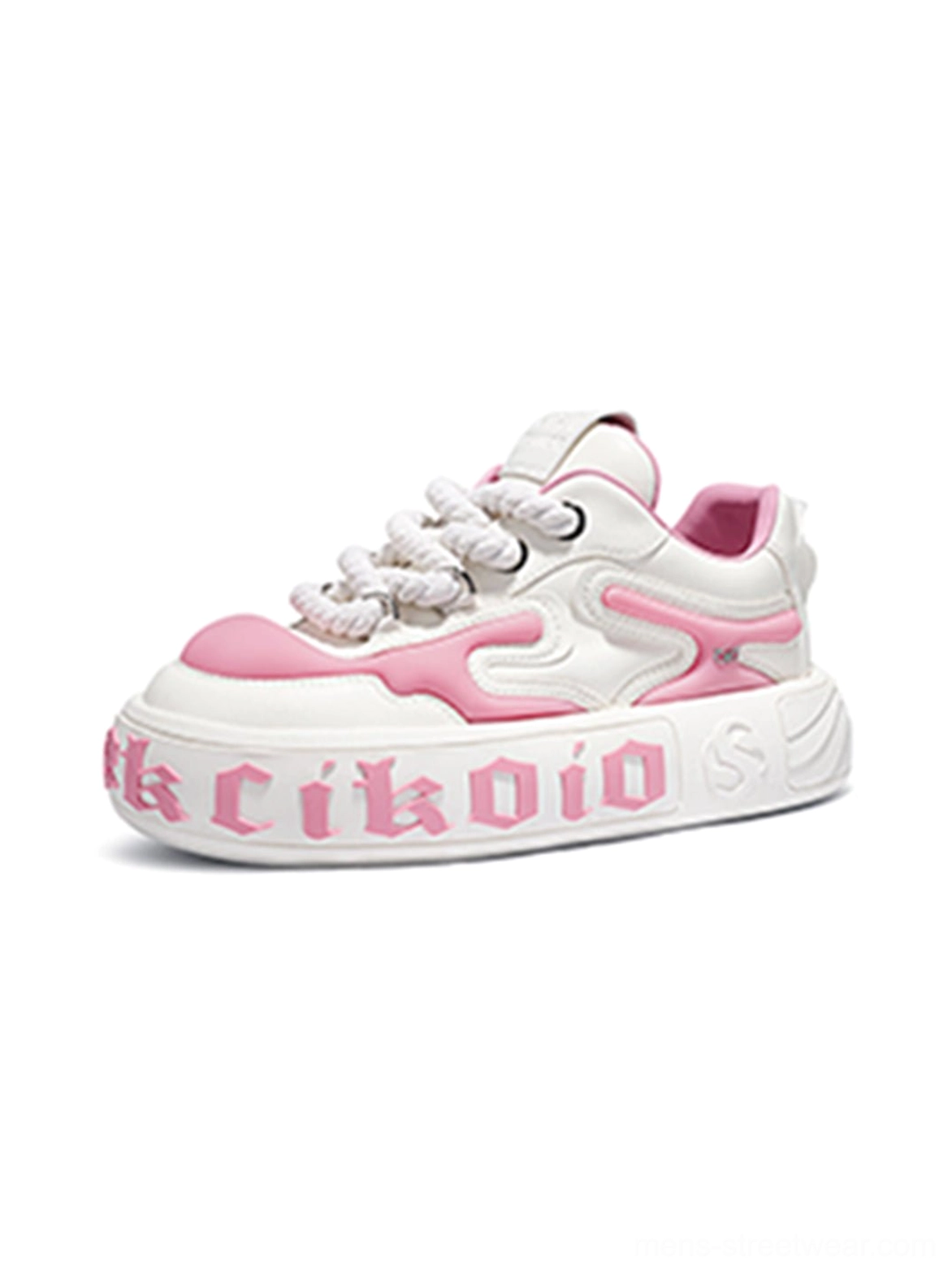 Three quarter view of white and pink chunky platform skate sneakers with layered leather panels and sculpted streetwear outsole