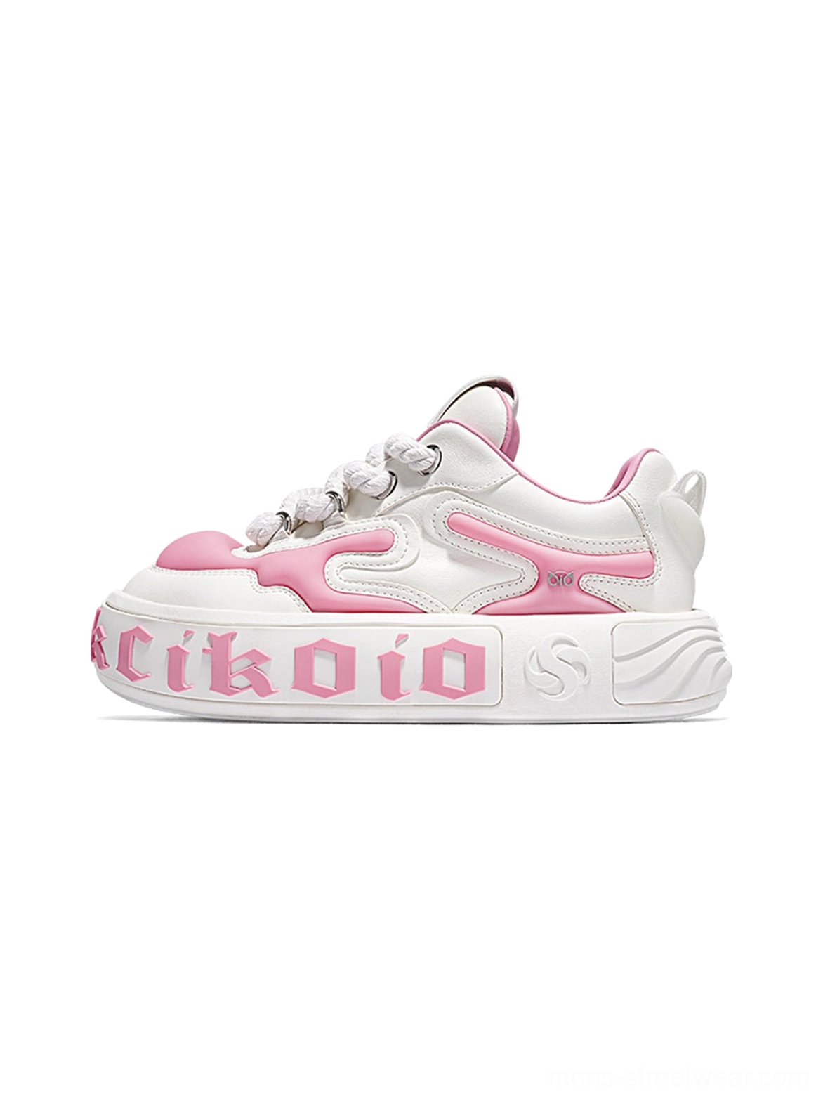 White and pink leather platform skate sneakers with pink accents, braided laces, wavy sole, and bold streetwear silhouette