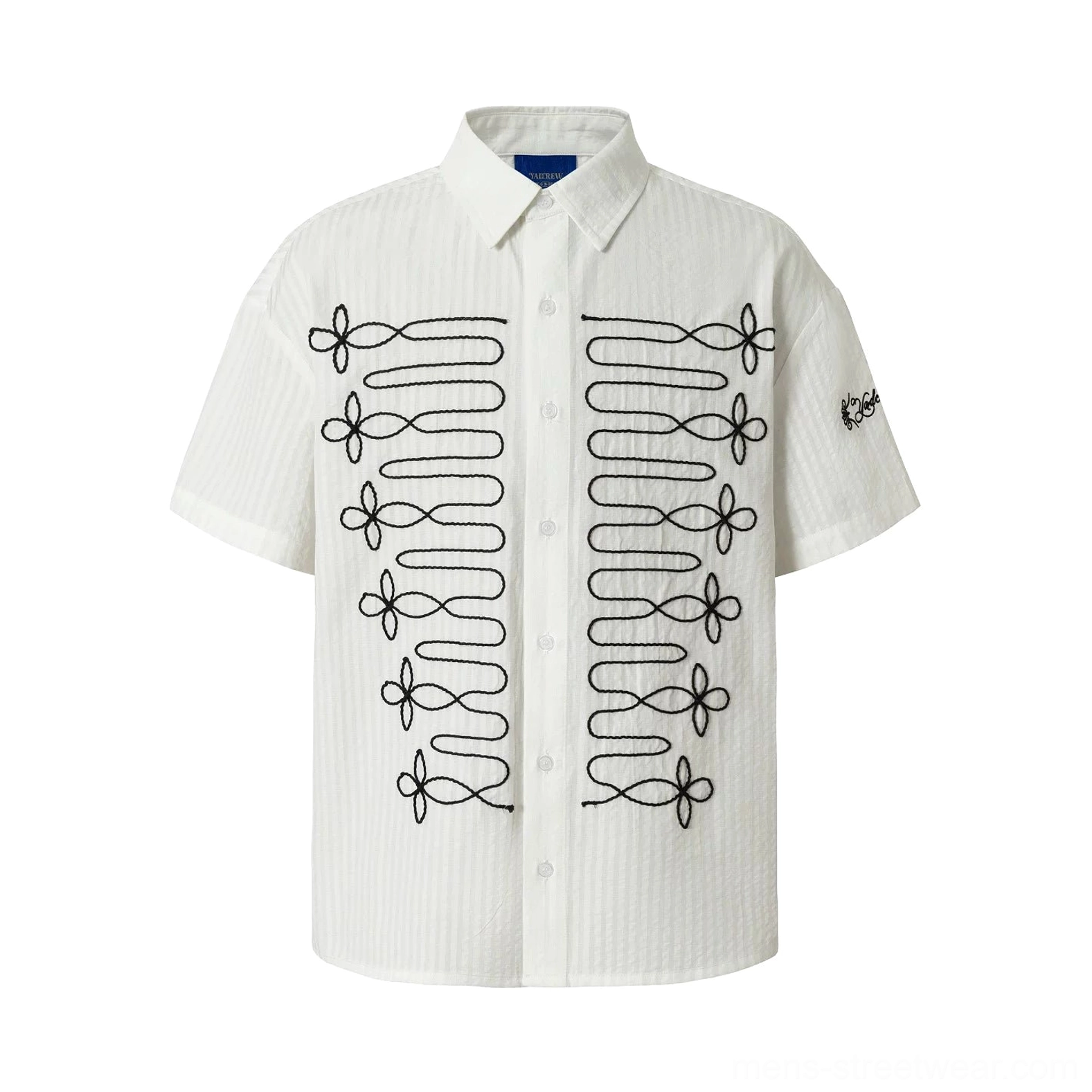 Flat lay display of white pinstripe embroidered loop shirt with black front embroidery, buttons, and sleeve accent