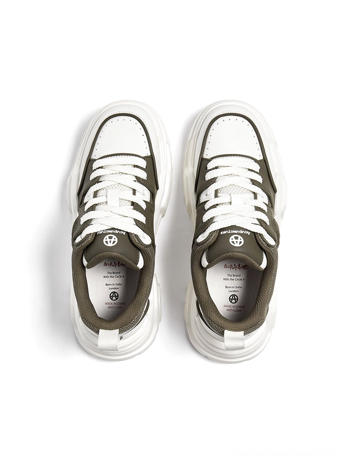 White platform sneaker technical spec display showing sole construction layering material composition and engineering detail clarity