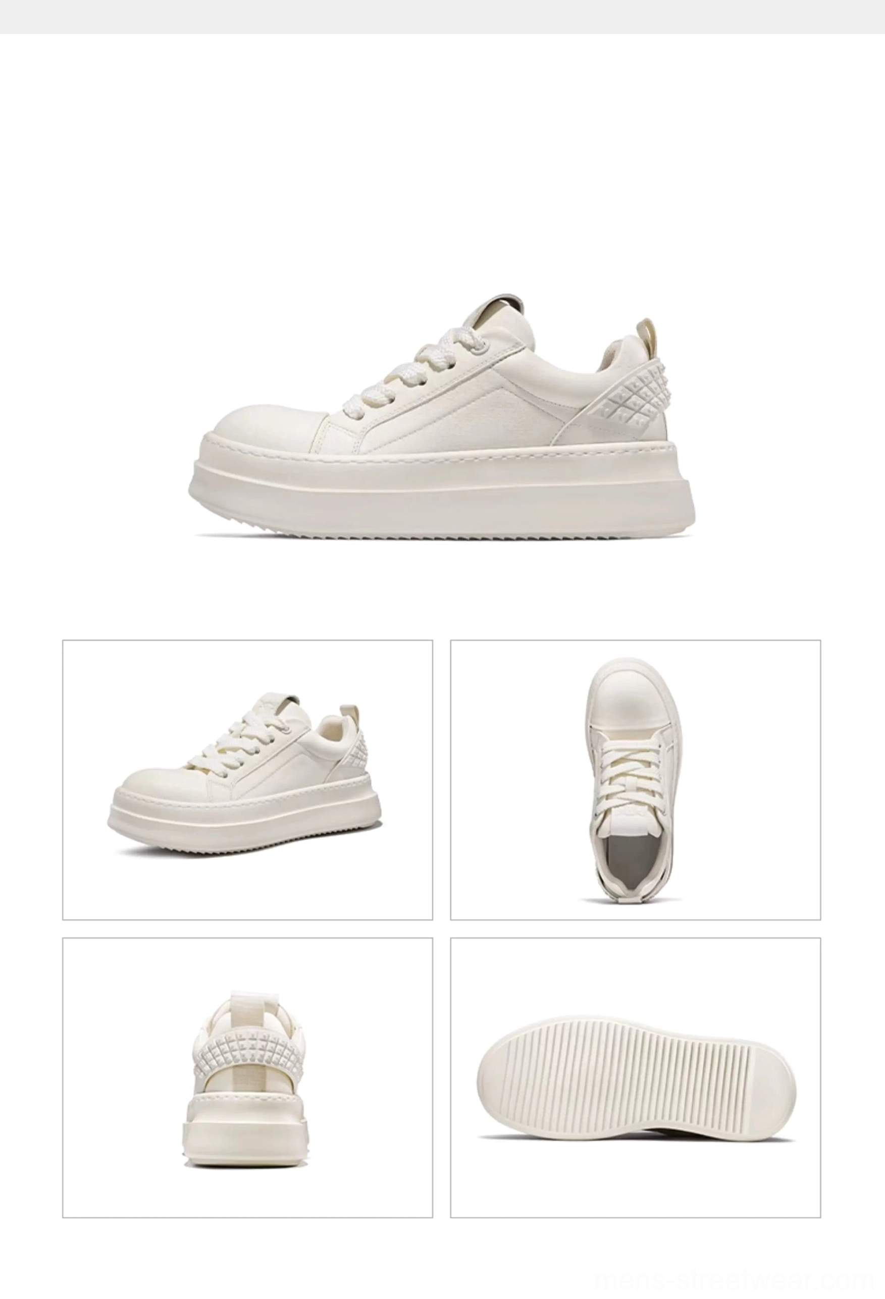 Bottom outsole view of platform sneakers with white sole and horizontal anti-slip tread pattern