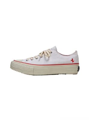 White red racing stripe platform canvas sneakers shown in a clean left side profile with retro rubber sole and subtle 4 cm lift