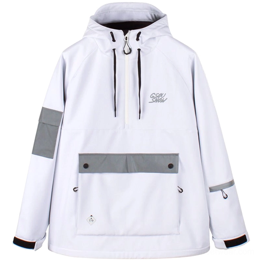White unisex reflective color block snow anorak jacket flat lay showing half zip hood and front pocket