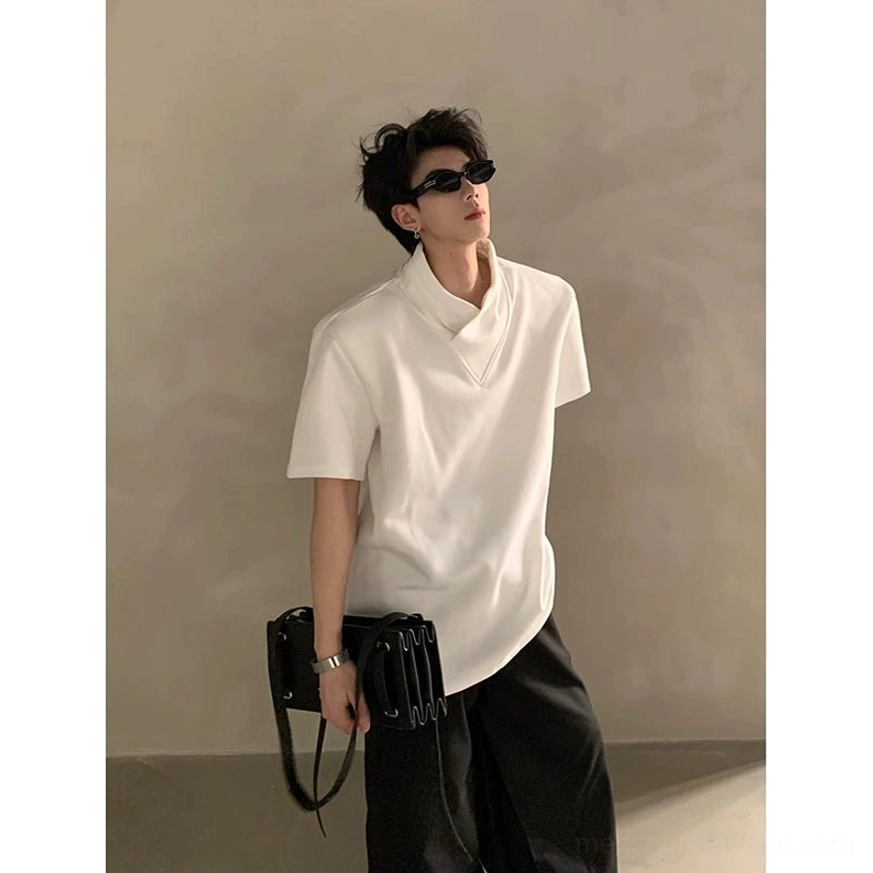 White relaxed oversized layered high-collar short-sleeve streetwear shirt with clean solid-color design