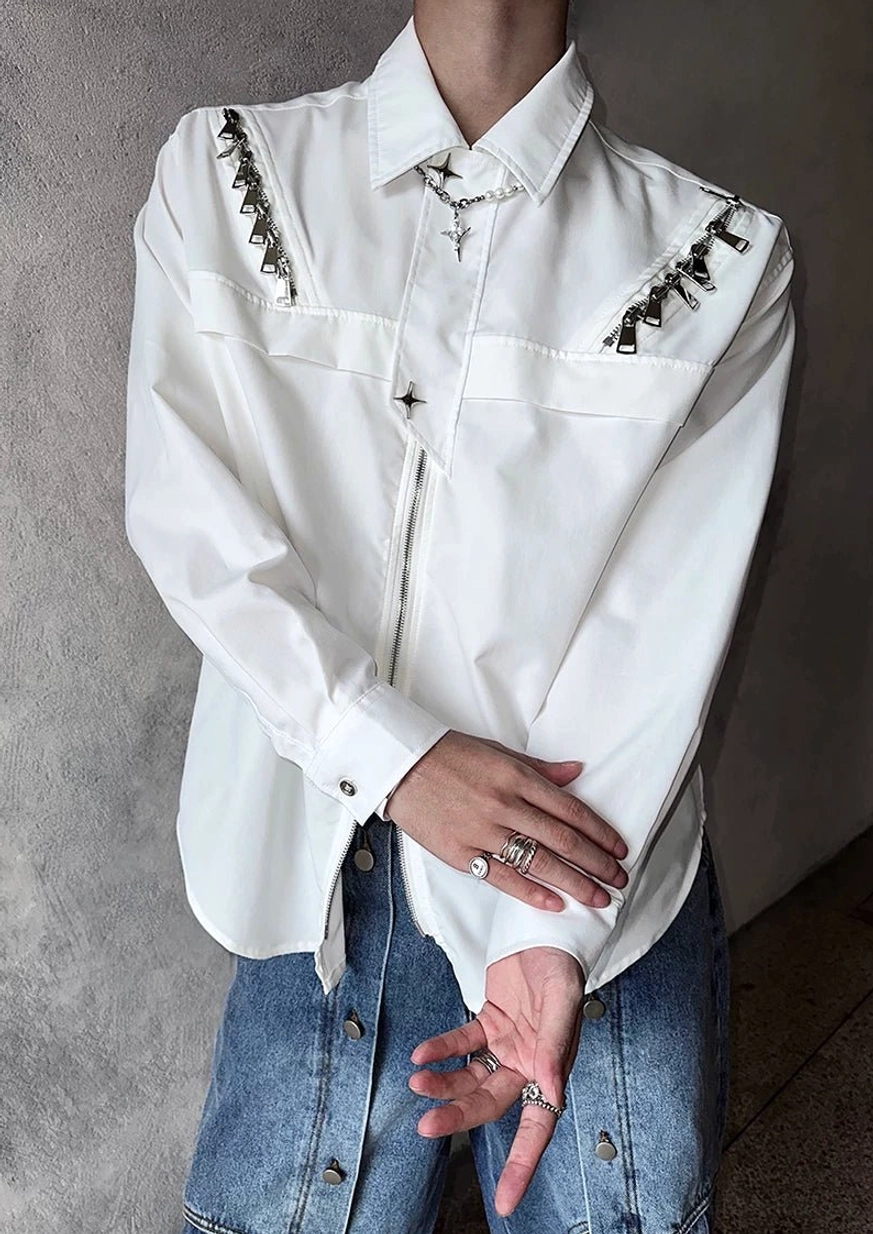 White relaxed-fit zip-cascade shirt jacket with cross pendant neckline and curved shirt hem