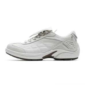 White retro casual streetwear sneakers with quilted vamp panels, layered construction, classic laces, and chunky two-tone rubber outsole