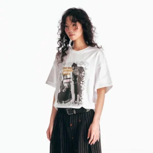 White retro Hong Kong movie poster graphic T-shirt styled with a pinstriped high-waisted skirt on an East Asian female model
