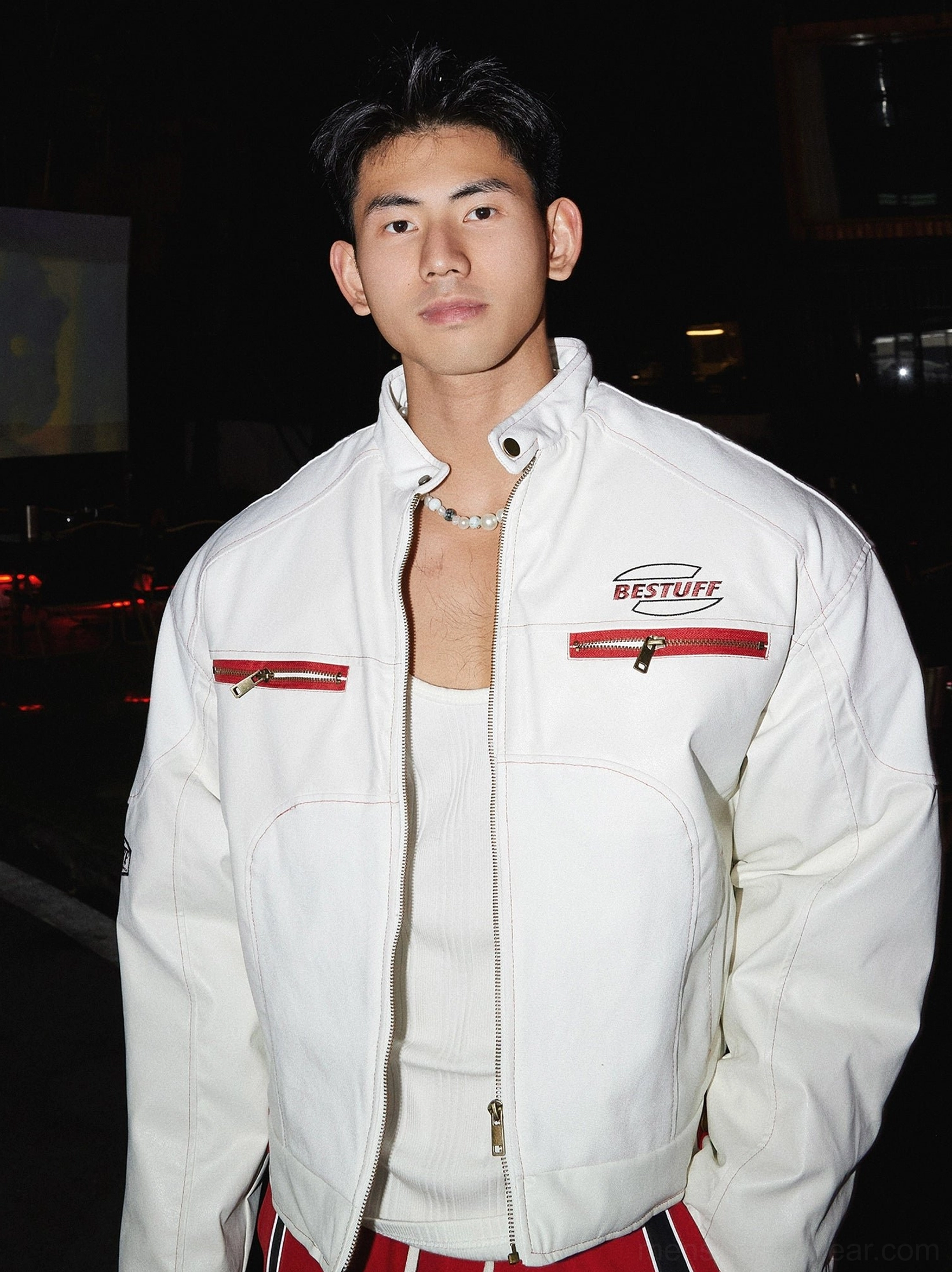 White retro racing panel zip-up winter streetwear jacket with stand collar and red zipper pocket accents front view
