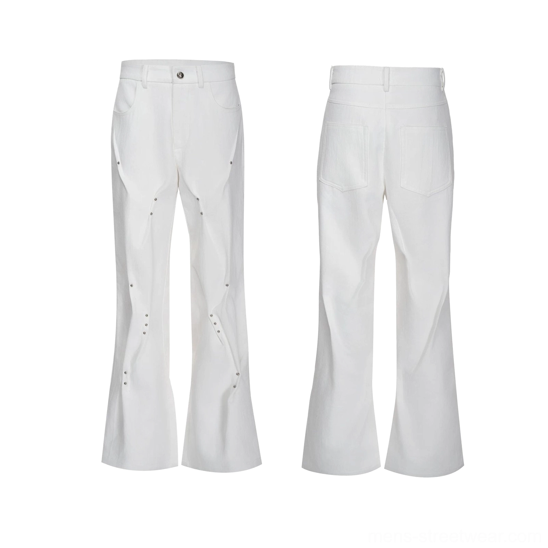White rivet sculpt flare denim pants front and back flat lay showing pockets waistband curved seams and flared legs
