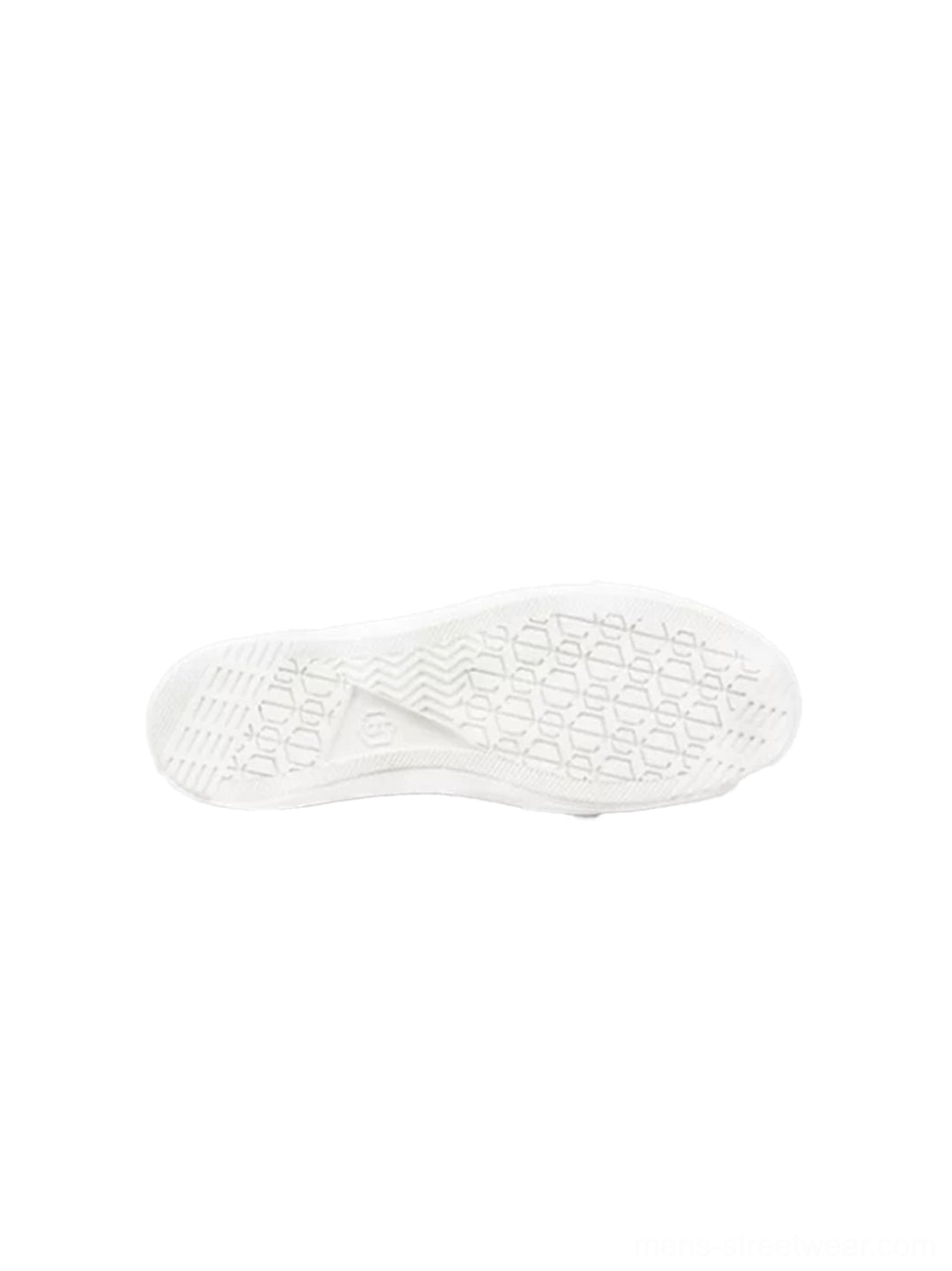 White rubber outsole of a platform high-top sneaker showing patterned non-slip tread and embossed sole details