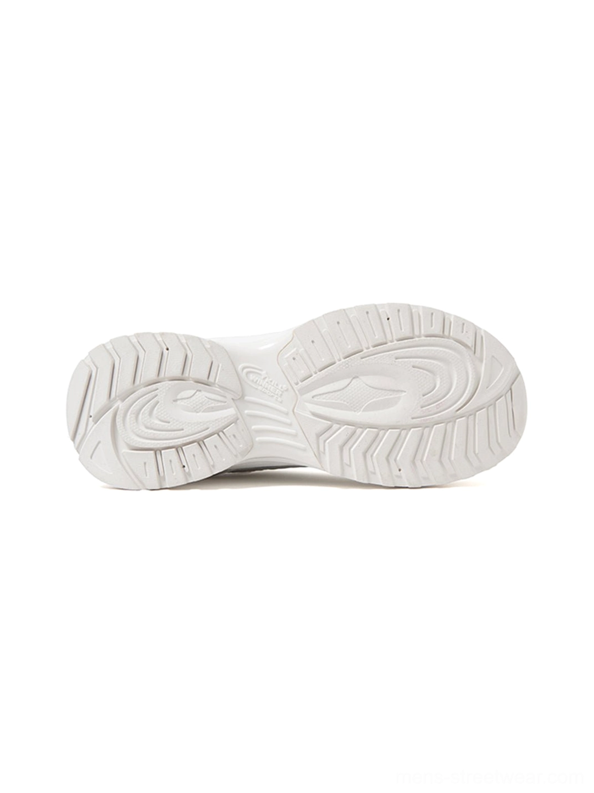 Bottom view of the white runner sneaker showing the patterned rubber outsole and non-slip traction design