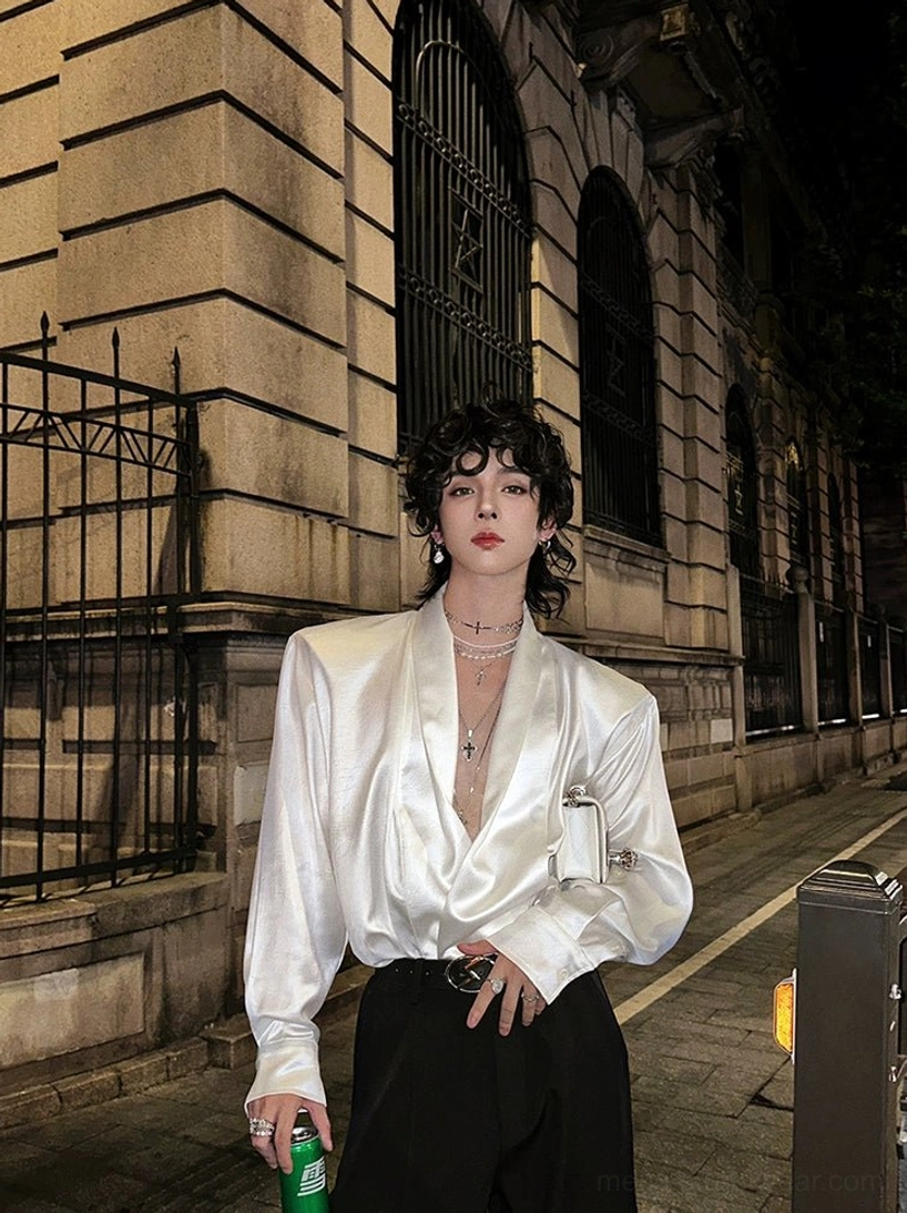 White satin deep V-neck shirt alternate product image with relaxed drape and contemporary Korean streetwear style