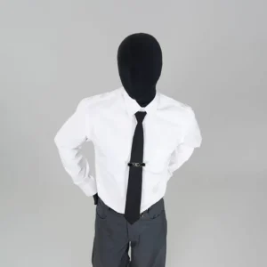 White satin-finish dress shirt with structured collar styled with a black necktie and dark tailored trousers