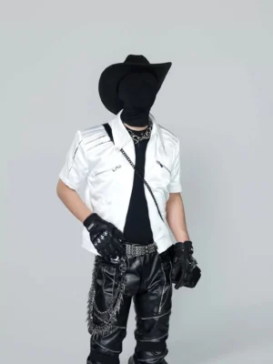 White satin moto zip shirt styled in a full Seoul streetwear outfit with biker pants and cowboy hat front view