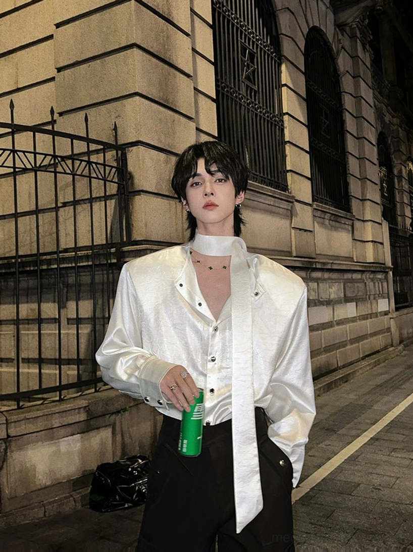 White satin-inspired tie-neck streetwear shirt with half-open deep V neckline and long matching tie