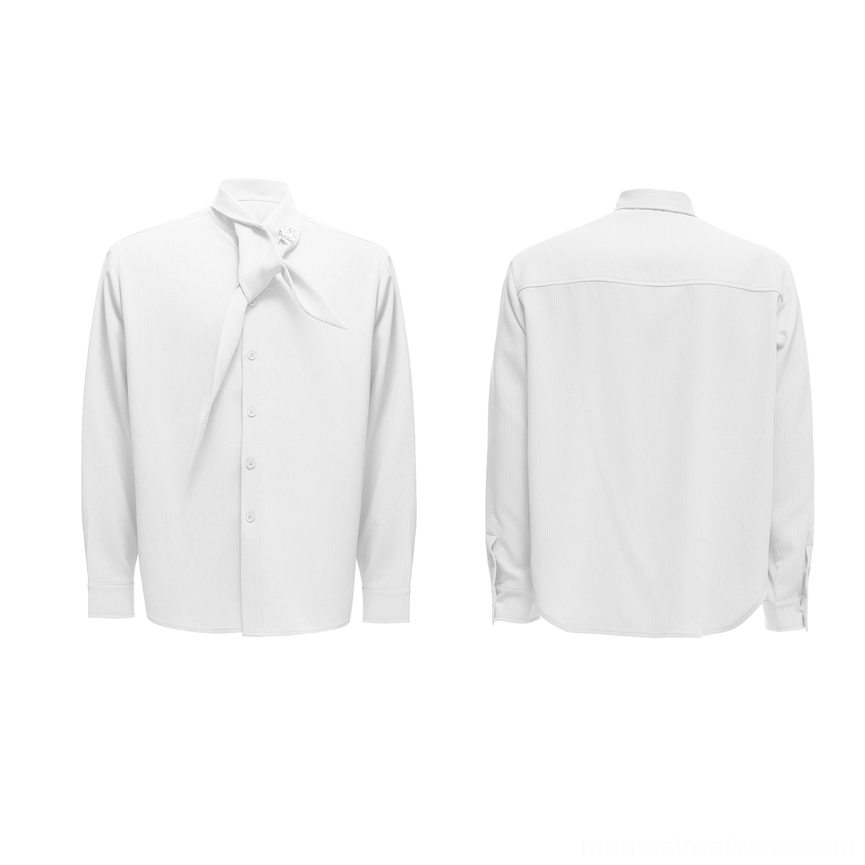 White scarf collar dress shirt shown front and back with knotted stand collar, button closure, long buttoned cuffs, and relaxed loose silhouette