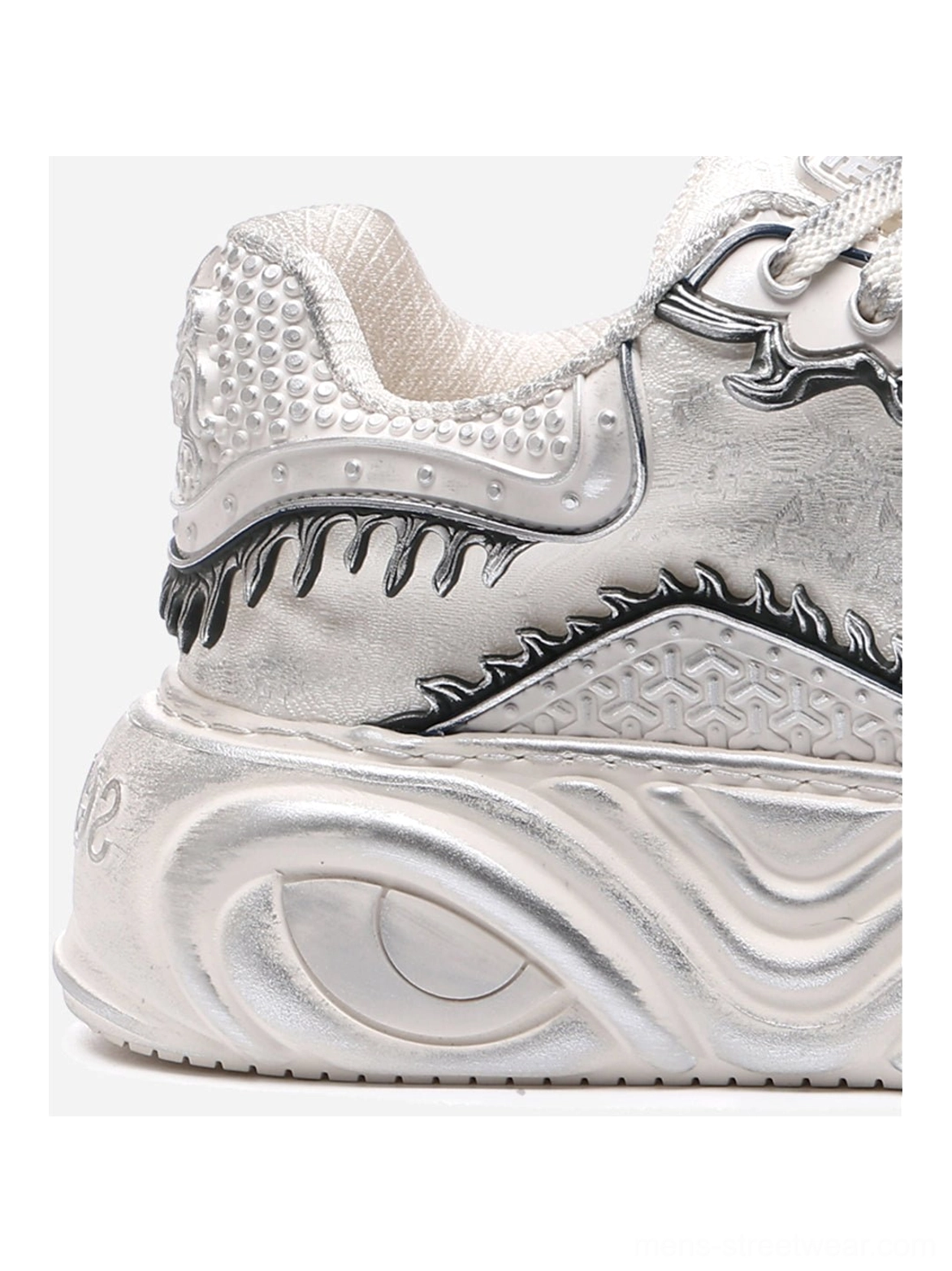 Fashion-forward white sculpted platform sneakers with distressed finish for Acubi, techwear, and Seoul-inspired outfits