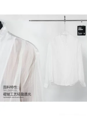 Close-up of white semi-sheer poet blouse with ruffled stand collar, vertical pleated texture, and relaxed long sleeves