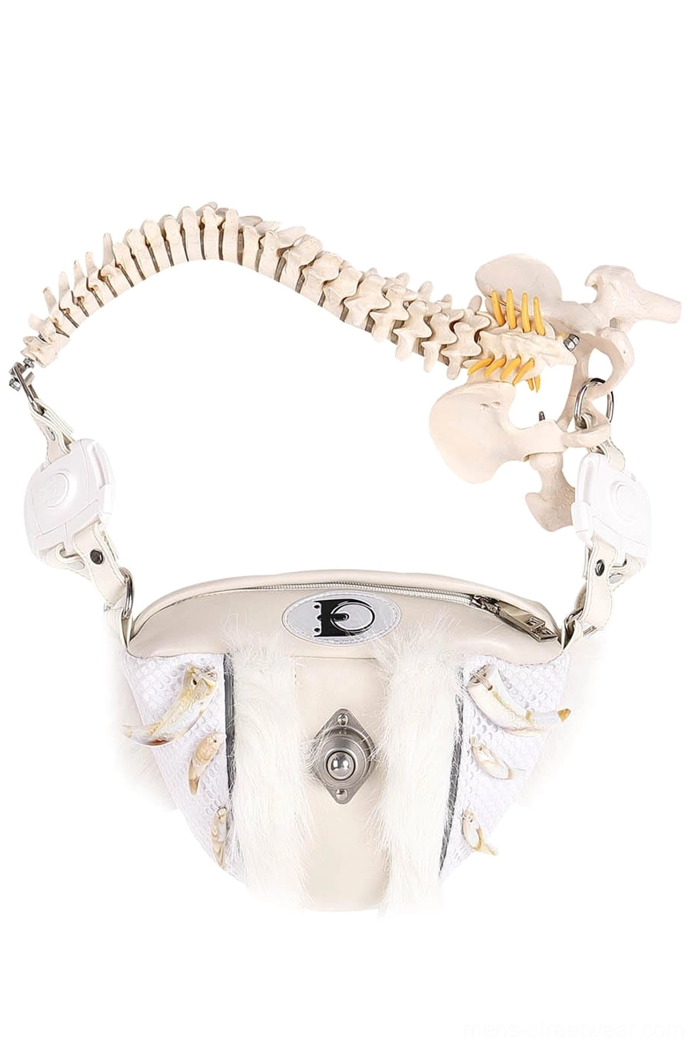 Front product view of white sheepskin leather fur bag with faux bone spine handle mesh details and metal hardware