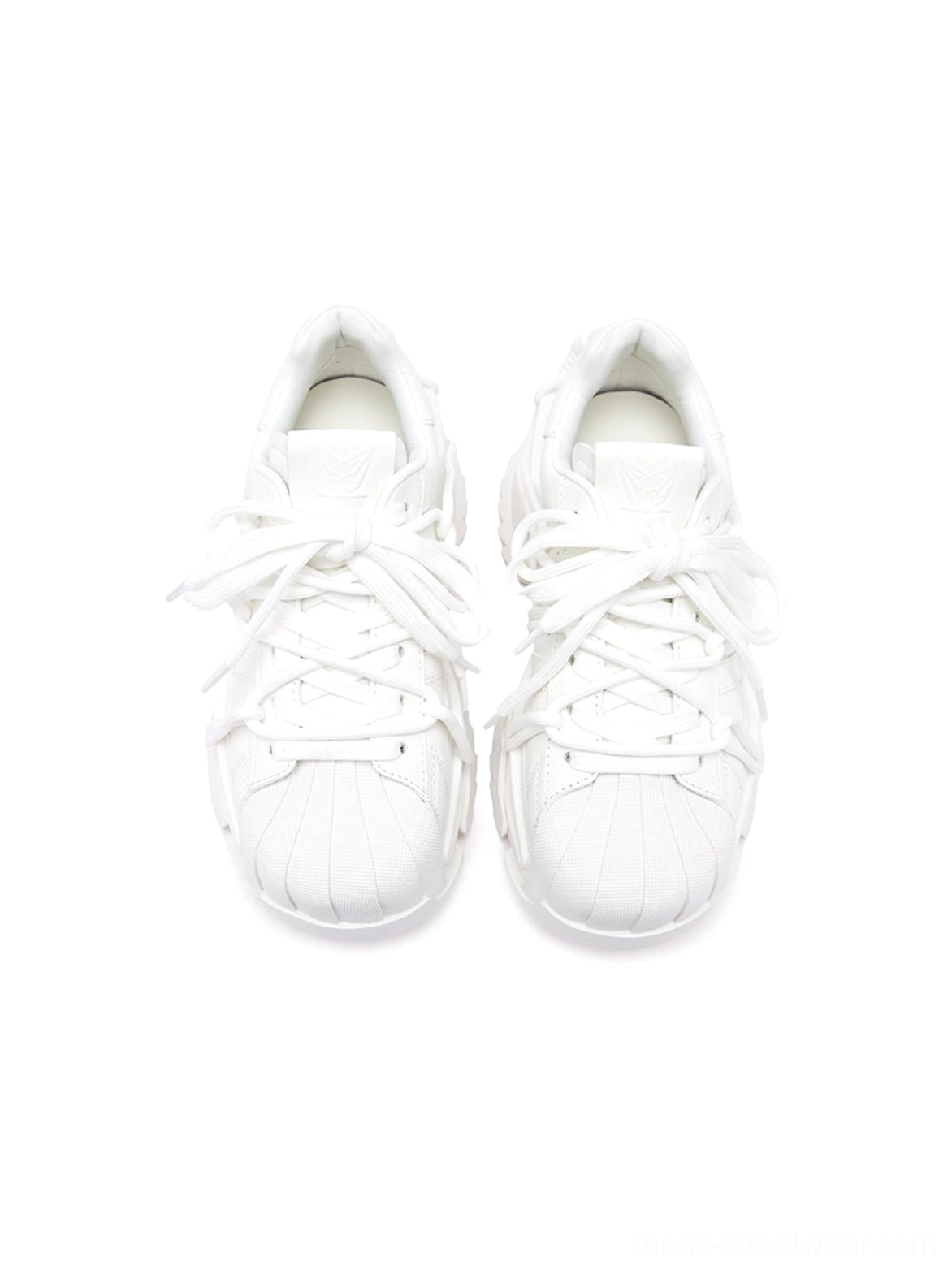 Front flat lay of white shell-toe chunky sneakers with minimal laces and a clean everyday streetwear design