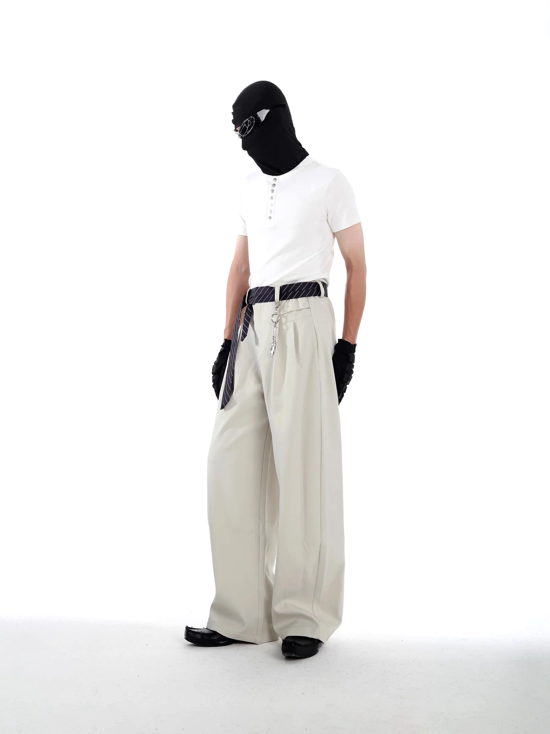 White short sleeve Henley shirt styled with beige wide leg trousers for Korean fashion streetwear