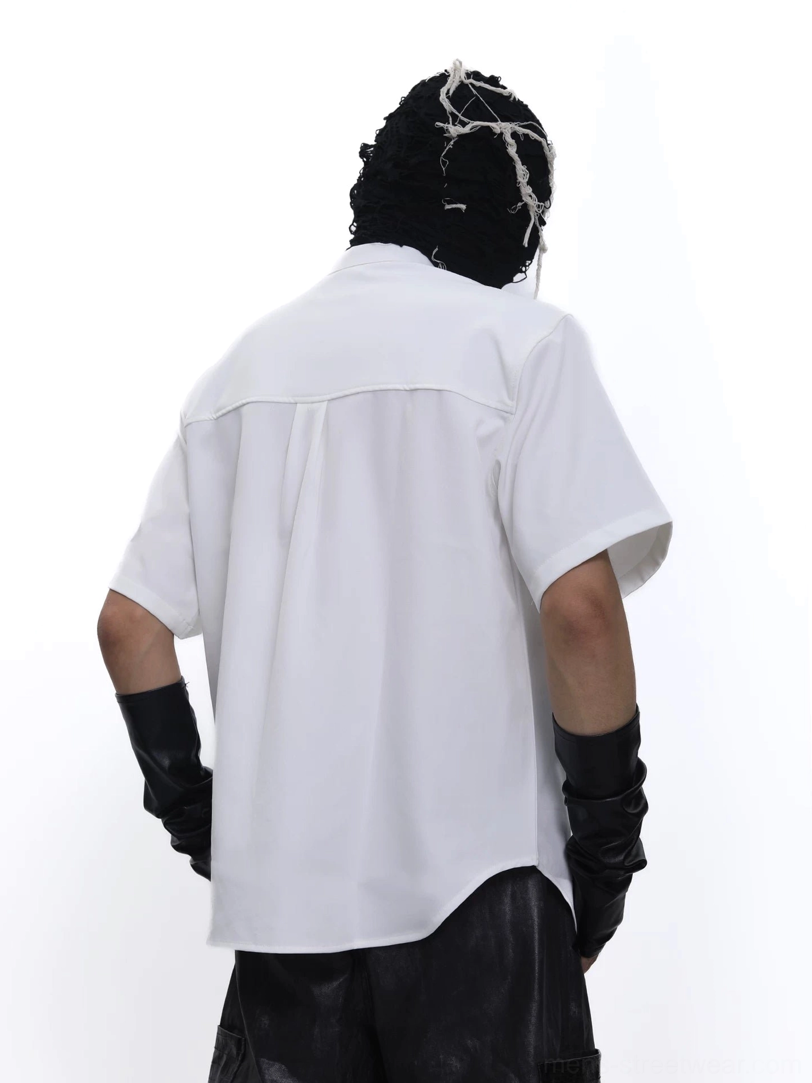 White short sleeve utility tech shirt back view with yoke seam pleats and curved hem for Korean streetwear