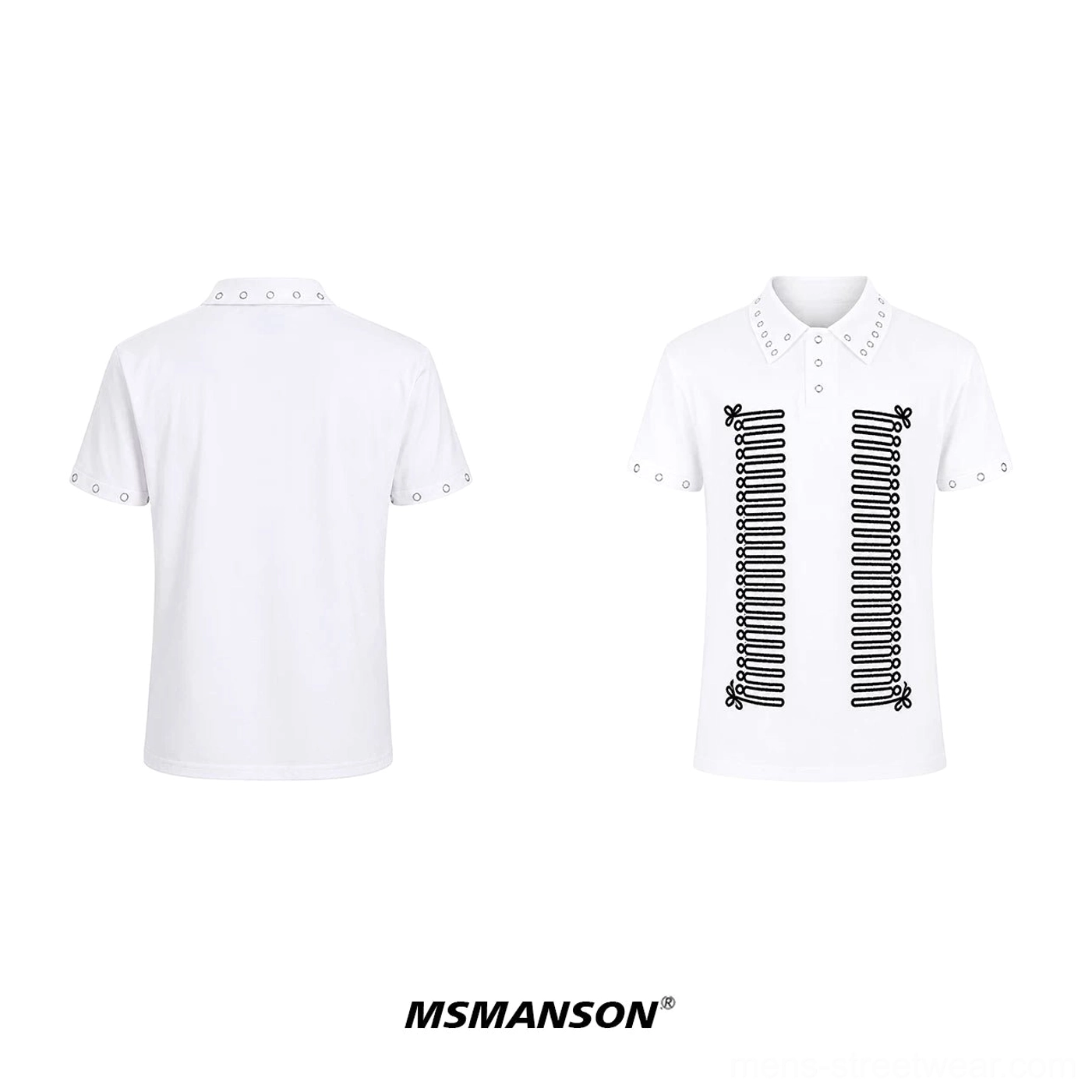 White skeleton graphic polo shirt shown from the back in a flat lay, featuring clean cotton fabric and eyelet rivets on collar and sleeve cuffs