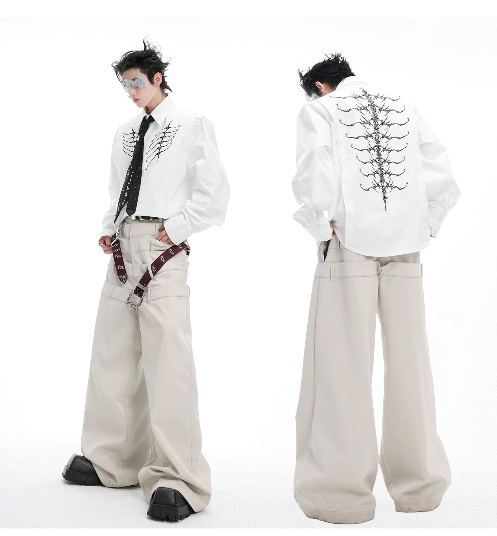 White ribcage embroidered shirt shown in front and rear styling with beige wide-leg trousers and necktie accessory