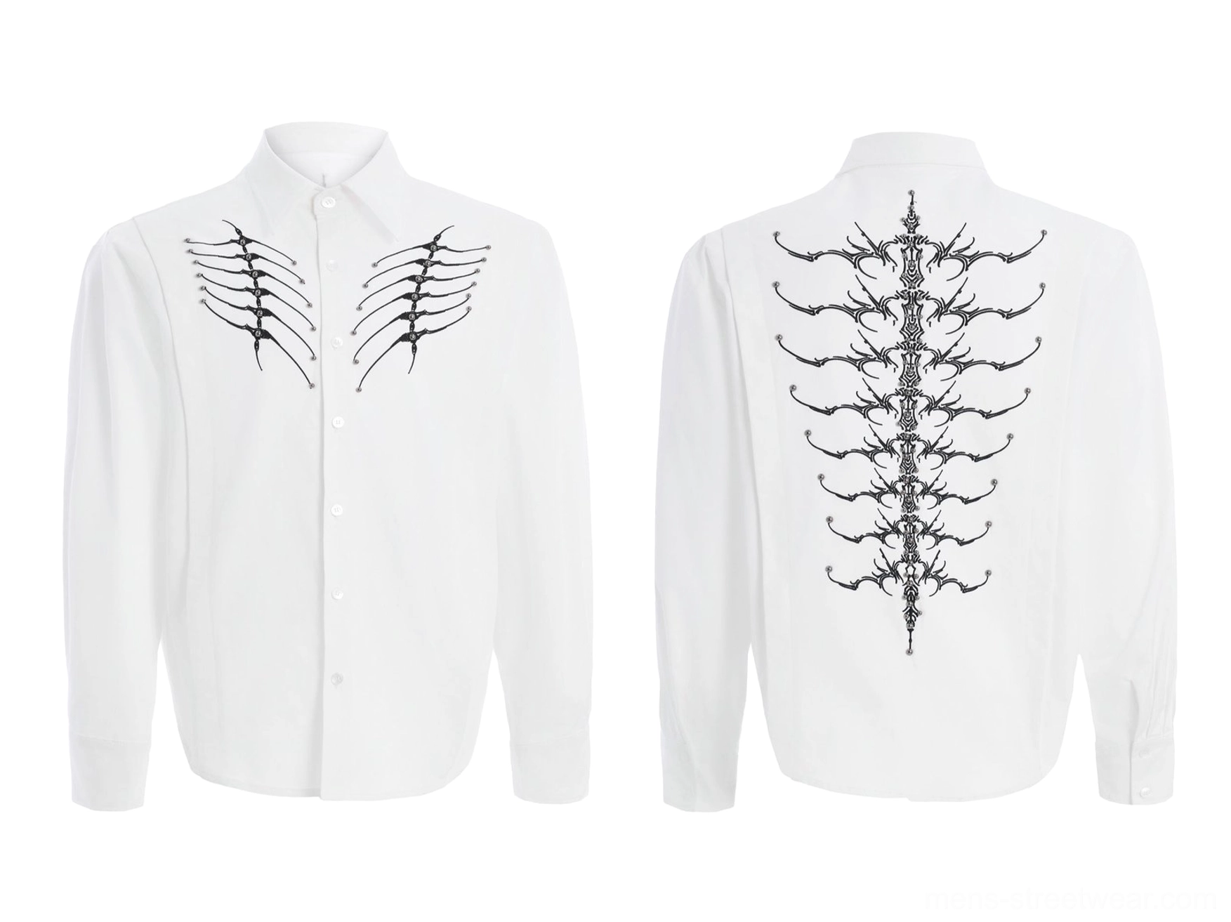 White skeleton embroidered button-up shirt flat lay showing ribcage embroidery on front and spinal artwork on back