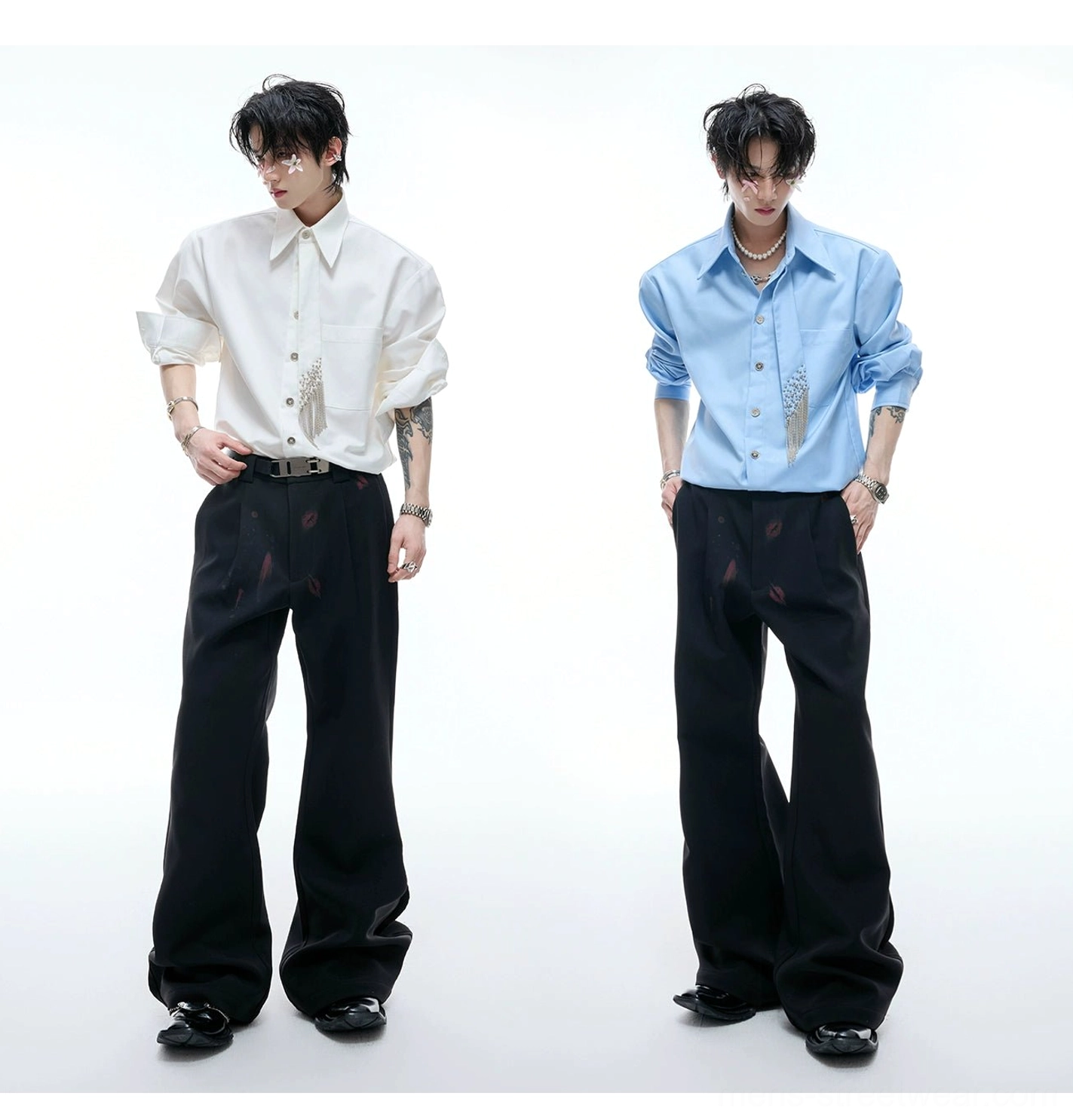 White and sky blue oversized crystal fringe shirts with pointed collars styled with black wide-leg trousers and leather shoes