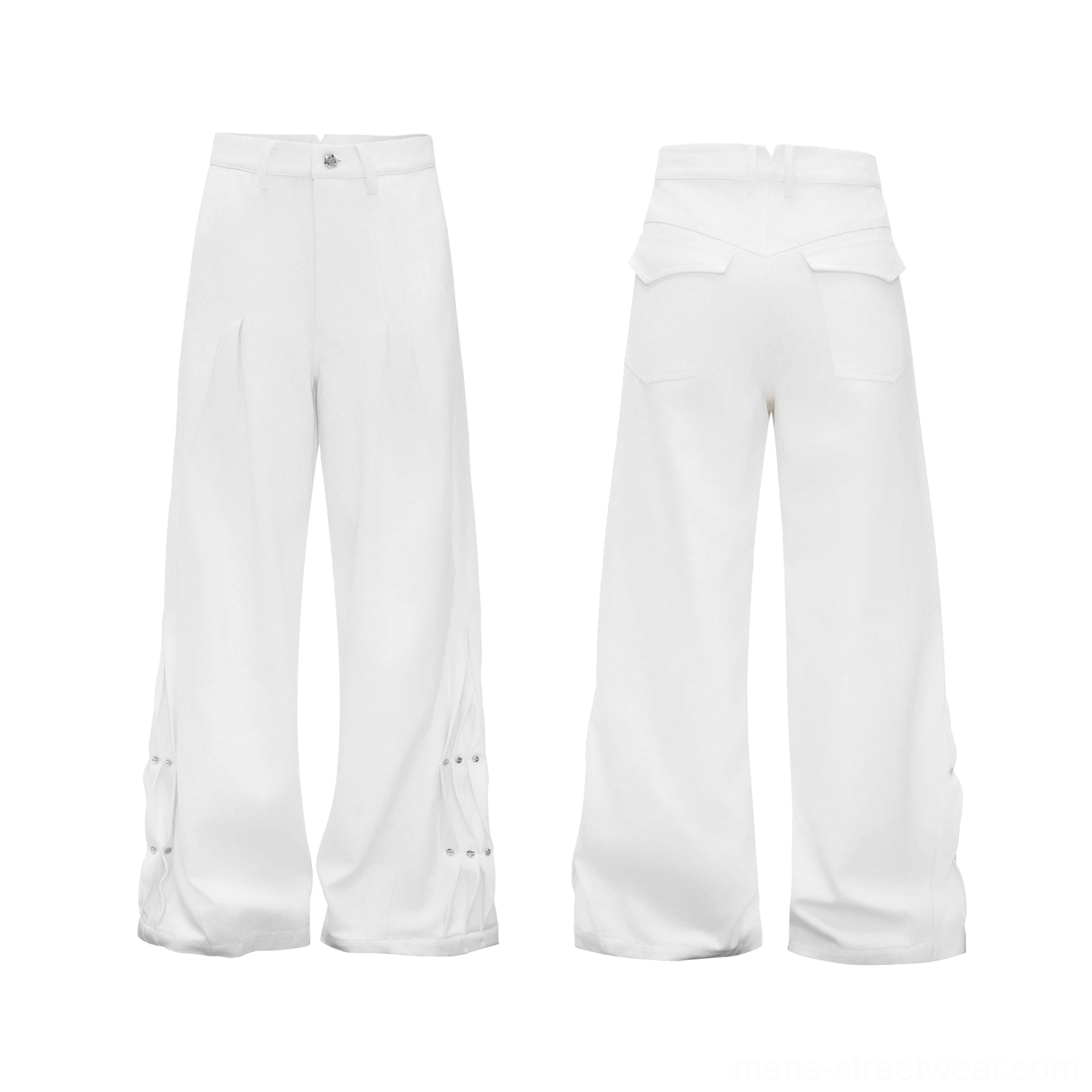 White snap detail draped wide leg pants flat lay showing front and back views with pleats, pockets, and wide leg shape