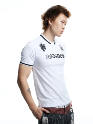 Side view of a white soccer jersey mesh T-shirt featuring black contrast trims, Gothic branding, breathable fabric, and contemporary Korean streetwear styling