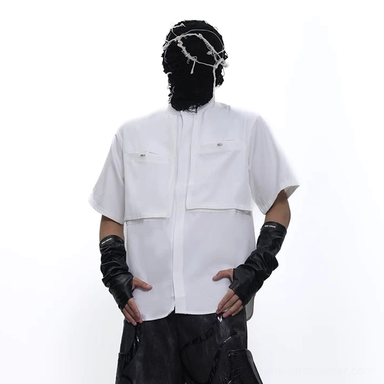 White stand collar utility tech shirt front three-quarter view with concealed placket metal pocket fasteners and short sleeves