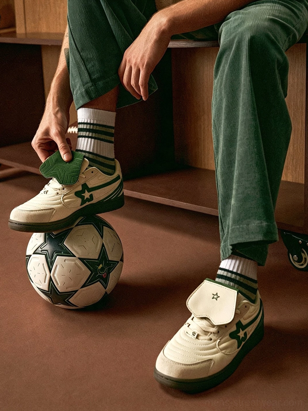 Close-up of a model adjusting the detachable green tongue on white star panel streetwear sneakers in a retro sports setting