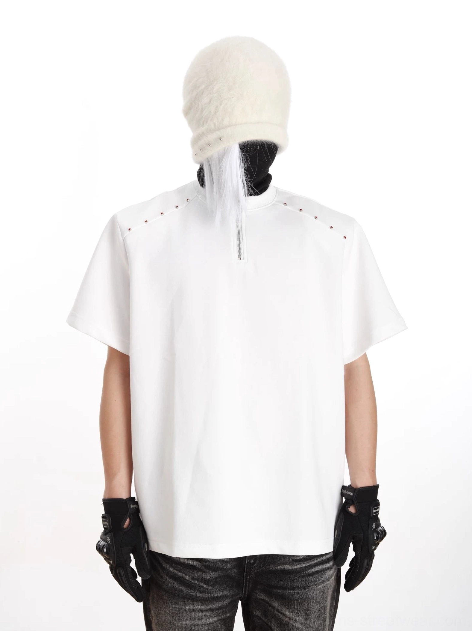 White studded half-zip boxy streetwear T-shirt for men shown from the back with stand collar and shoulder rivet details