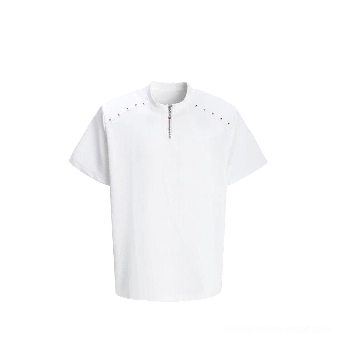 White studded half-zip relaxed boxy streetwear T-shirt for men front flat lay with zip collar and shoulder studs