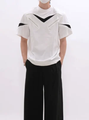White short-sleeve techwear zip panel T-shirt with mesh upper chest insert and diagonal zipper details front view